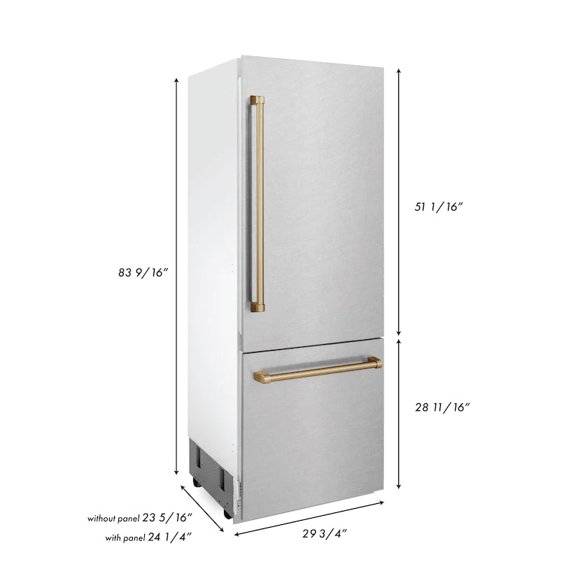 ZLINE 30&quot; Autograph Edition 16.1 cu. ft. Built-in 2-Door Bottom Freezer Refrigerator, Internal Water, Ice Dispenser in Fingerprint Resistant Stainless Steel, Champagne Bronze Accents