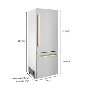 ZLINE 30" Autograph Edition 16.1 cu. ft. Built-in 2-Door Bottom Freezer Refrigerator, Internal Water, Ice Dispenser in Fingerprint Resistant Stainless Steel, Gold Accents