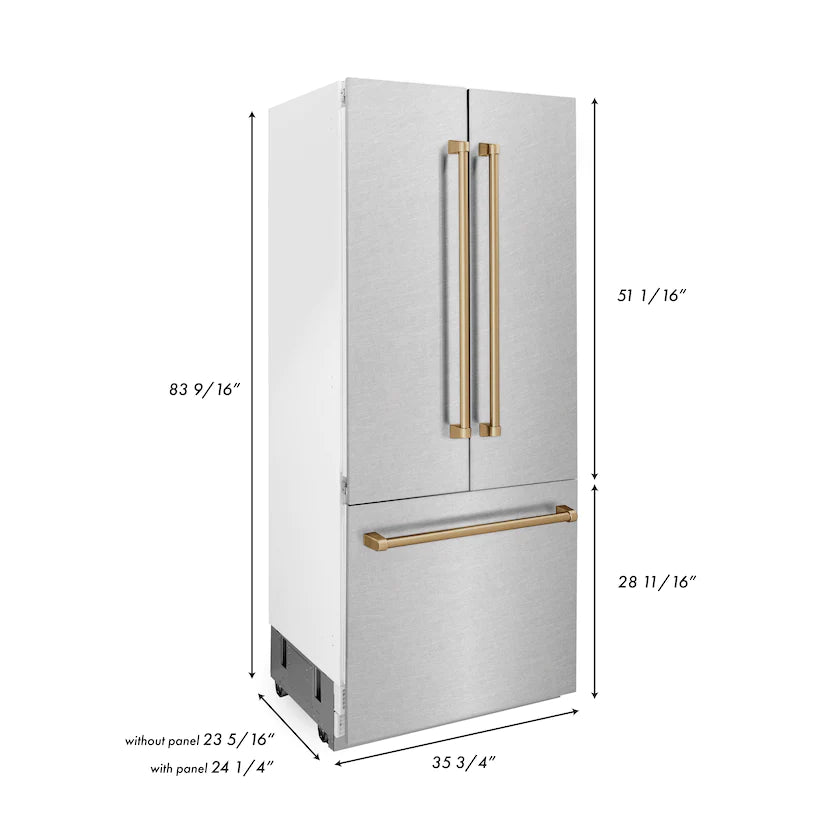 ZLINE - 36” Autograph Edition 19.6 cu. ft. Built-in 3-Door French Door Refrigerator,Internal Water, Ice Dispenser, Fingerprint Resistant Stainless Steel,Champagne Bronze Accents
