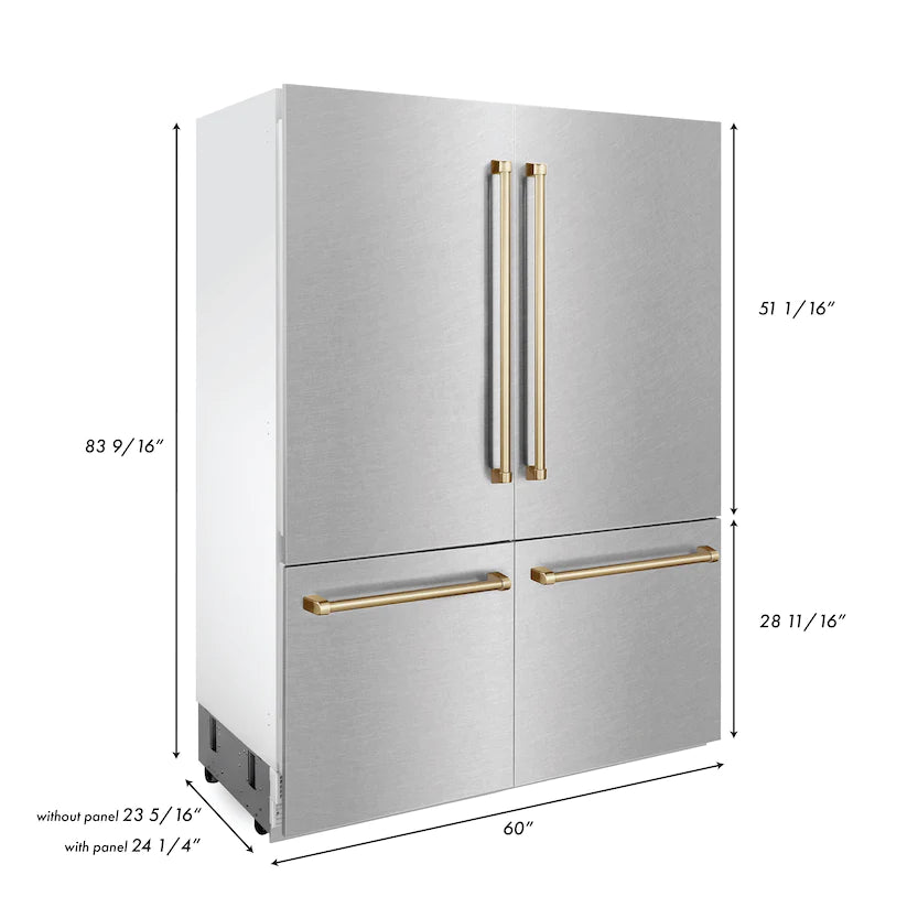 ZLINE - 60&quot; Autograph Edition 32.2 cu. ft. Built-in 4-Door French Door Refrigerator, Internal Water, Ice Dispenser, Fingerprint Resistant Stainless Steel, Gold Accents