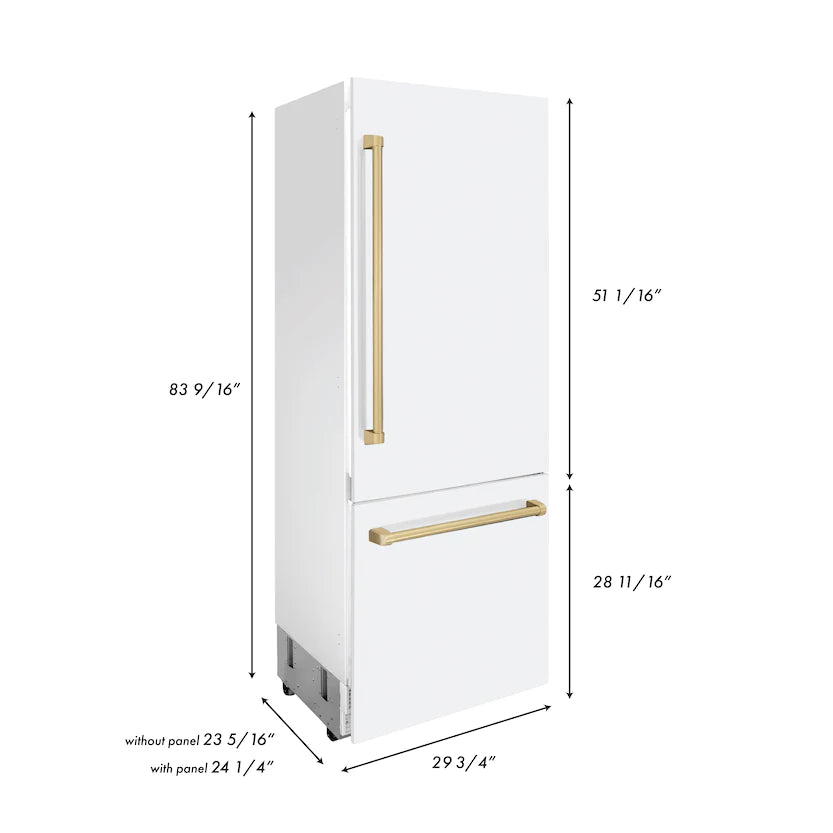 ZLINE 30&quot; Autograph Edition 16.1 cu. ft. Built-in 2-Door Bottom Freezer Refrigerator, Internal Water, Ice Dispenser, White Matte,Champagne Bronze Accents