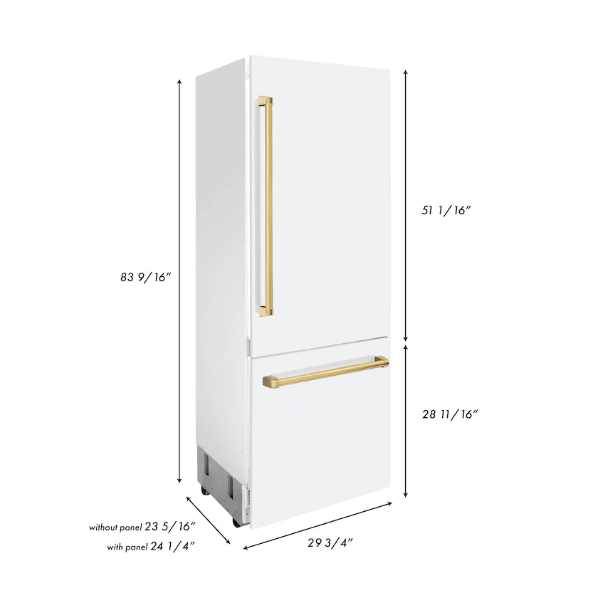 ZLINE 30&quot; Autograph Edition 16.1 cu. ft. Built-in 2-Door Bottom Freezer Refrigerator, Internal Water, Ice Dispenser, White Matte, Gold Accents