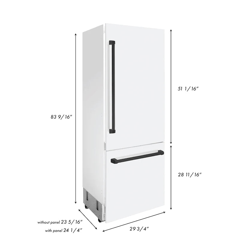 ZLINE 30&quot; Autograph Edition 16.1 cu. ft. Built-in 2-Door Bottom Freezer Refrigerator, Internal Water, Ice Dispenser, White Matte, Matte Black Accents