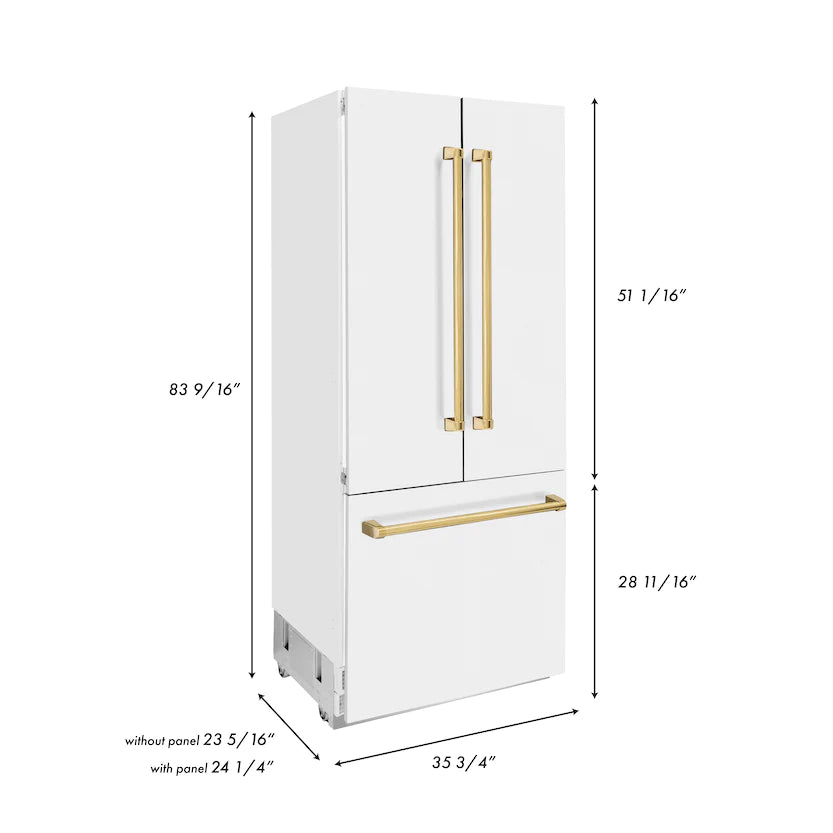 ZLINE - 36&quot; Autograph Edition 19.6 cu. ft. Built-in 3-Door French Door Refrigerator,Internal Water, Ice Dispenser, White Matte, Gold Accents