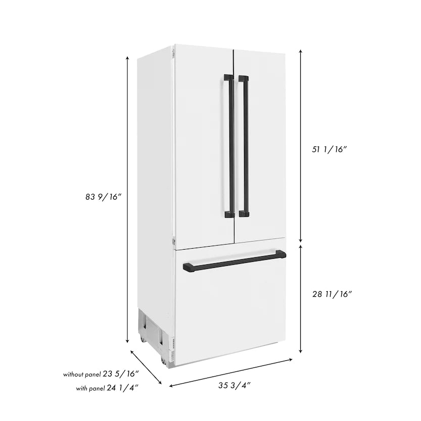 ZLINE - 36&quot; Autograph Edition 19.6 cu. ft. Built-in 3-Door French Door Refrigerator, Internal Water, Ice Dispenser,White Matte,Matte Black Accents