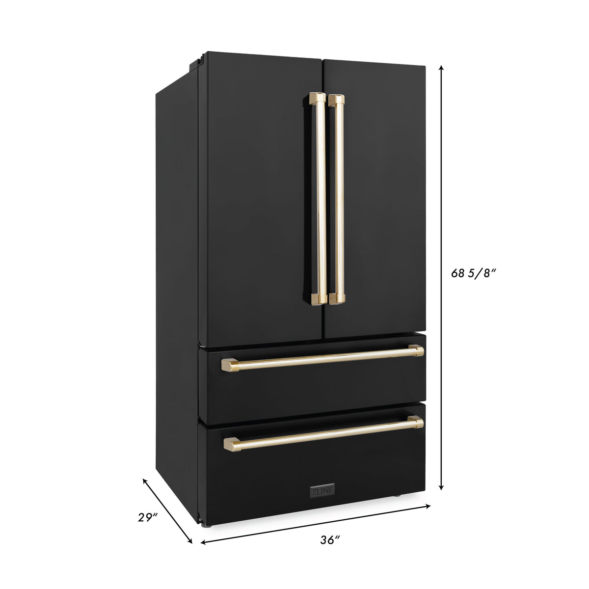 ZLINE - 36&quot; Autograph Edition 22.5 cu. ft French Door Refrigerator, Ice Maker in Fingerprint Resistant Black Stainless Steel, Gold Accents