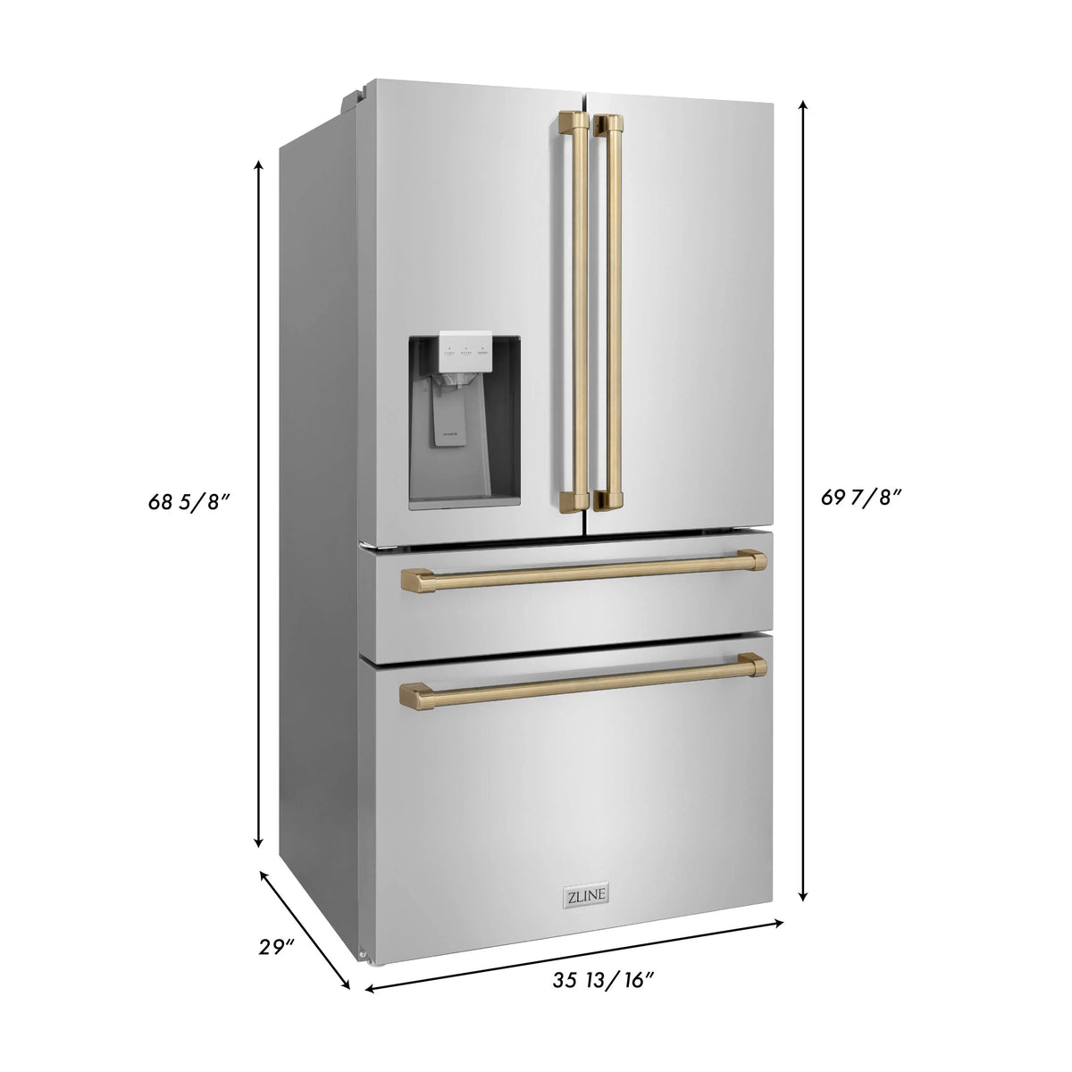 ZLINE - 36&quot; Autograph Edition 21.6 cu. ft French Door Refrigerator, Water, Ice Dispenser in Stainless Steel, Champagne Bronze Accents
