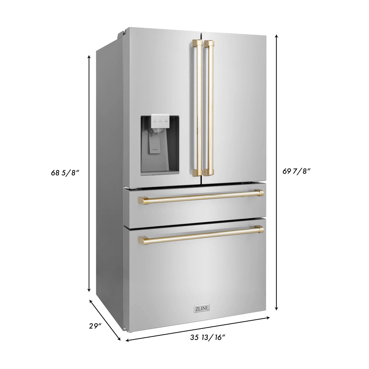 ZLINE - 36&quot; Autograph Edition 21.6 cu. ft French Door Refrigerator, Water, Ice Dispenser in Fingerprint Resistant Stainless Steel, Gold Accents