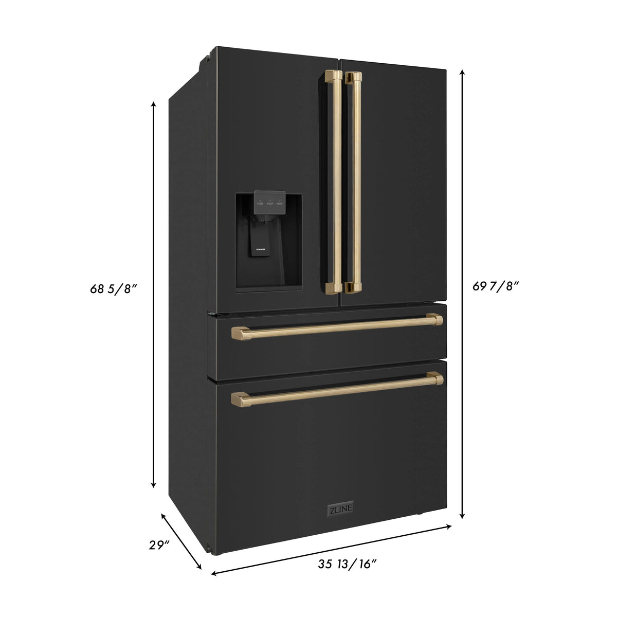 ZLINE - 36&quot; Autograph Edition 21.6 cu. ft French Door Refrigerator, Water, Ice Dispenser in Black Stainless Steel, Champagne Bronze Handles
