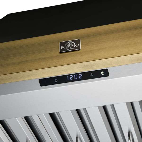 FORNO - Vittorio 36-Inch Wall Mount Range Hood, Black with Antique Brass Trim, 600 CFM Airflow, Dishwasher-Safe Baffle Filters, Remote Control, 3-Speed Fan, Bright LED Lighting