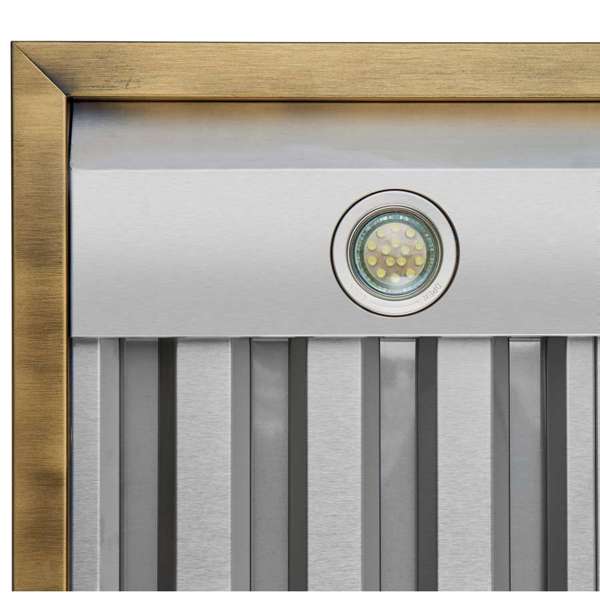 FORNO - Vittorio 36-Inch Wall Mount Range Hood, Black with Antique Brass Trim, 600 CFM Airflow, Dishwasher-Safe Baffle Filters, Remote Control, 3-Speed Fan, Bright LED Lighting