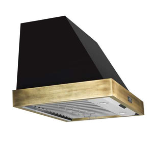 FORNO - Vittorio 36-Inch Wall Mount Range Hood, Black with Antique Brass Trim, 600 CFM Airflow, Dishwasher-Safe Baffle Filters, Remote Control, 3-Speed Fan, Bright LED Lighting
