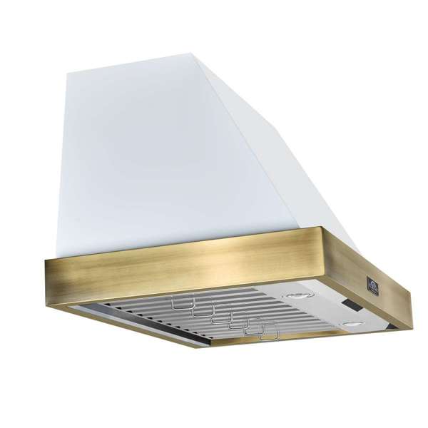 FORNO - Vittorio 36-Inch Wall Mount Range Hood, White with Antique Brass Trim