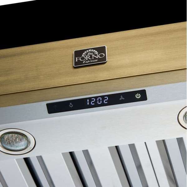 FORNO - Vittorio 48-Inch Wall Mount Range Hood, Black with Antique Brass Trim