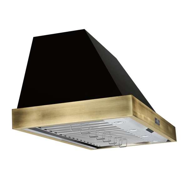 FORNO - Vittorio 48-Inch Wall Mount Range Hood, Black with Antique Brass Trim