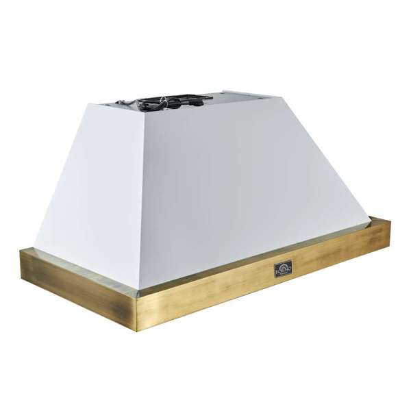 FORNO - Vittorio 48-Inch Wall Mount Range Hood, White with Antique Brass Trim