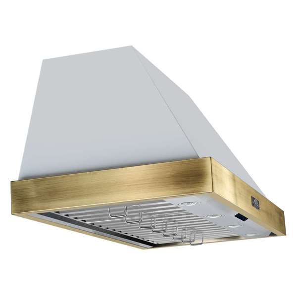 FORNO - Vittorio 48-Inch Wall Mount Range Hood, White with Antique Brass Trim