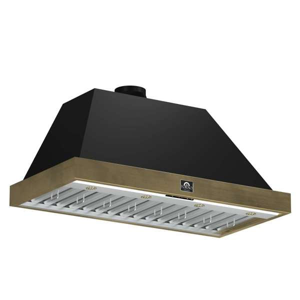 FORNO - Vittorio 48-Inch Wall Mount Range Hood, Black with Antique Brass Trim