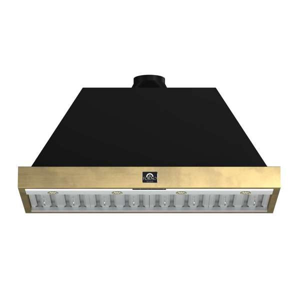 FORNO - Vittorio 48-Inch Wall Mount Range Hood, Black with Antique Brass Trim