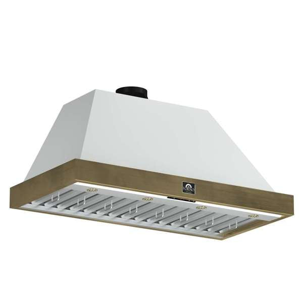 FORNO - Vittorio 48-Inch Wall Mount Range Hood, White with Antique Brass Trim