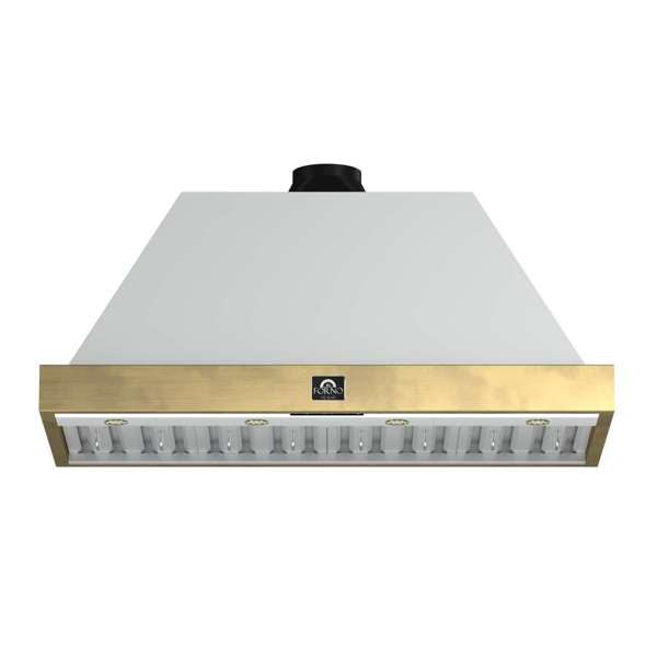 FORNO - Vittorio 48-Inch Wall Mount Range Hood, White with Antique Brass Trim
