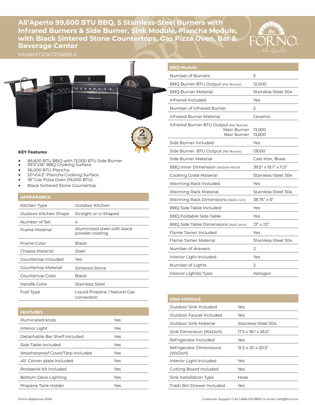 FORNO - All&#39;Aperto 99,600 BTU BBQ with 5 Stainless-Steel Burners with Infrared Burners &amp; Side Burner, Sink Module with Black Sintered Stone Countertops, Plancha, Gas Pizza Oven, Bar &amp; Beverage Center