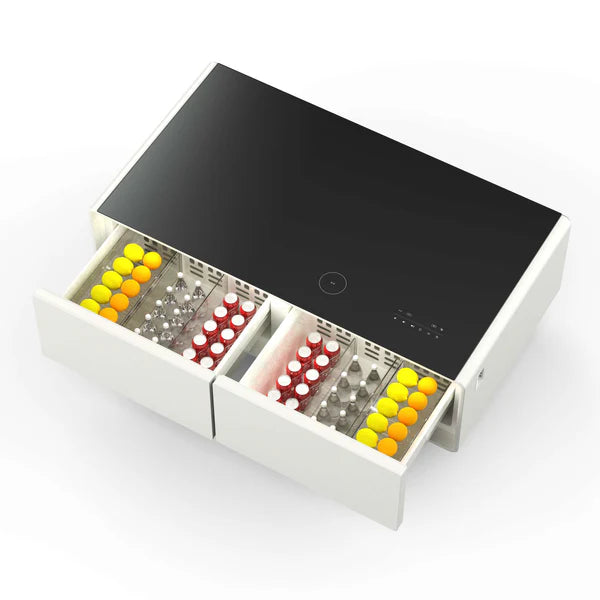 FORNO - Evoluto Tavolo 51-Inch White Smart Coffee Table – Dual Refrigerator Drawers, Bluetooth 5.0 Audio, Wireless Charging &amp; RGB Ambient Light