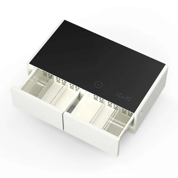 FORNO - Evoluto Tavolo 51-Inch White Smart Coffee Table – Dual Refrigerator Drawers, Bluetooth 5.0 Audio, Wireless Charging &amp; RGB Ambient Light