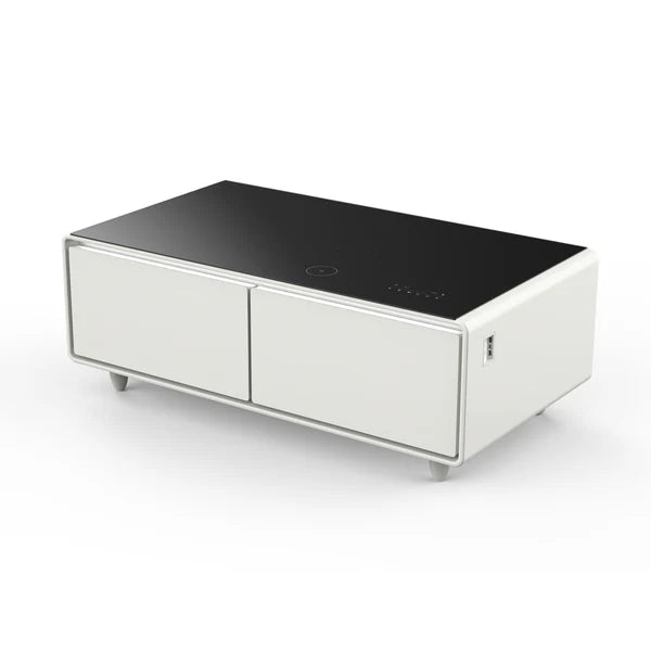 FORNO - Evoluto Tavolo 51-Inch White Smart Coffee Table – Dual Refrigerator Drawers, Bluetooth 5.0 Audio, Wireless Charging &amp; RGB Ambient Light