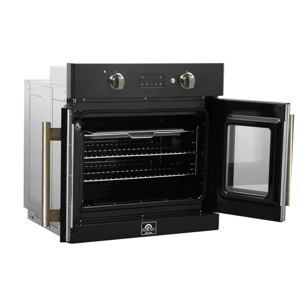 FORNO - Asti 30-Inch French Door Electric Wall Oven in Black &amp; Antique Brass, 3.68 cu. ft. True Convection, 3,600W, Air Fry, Sous Vide, Self-Clean