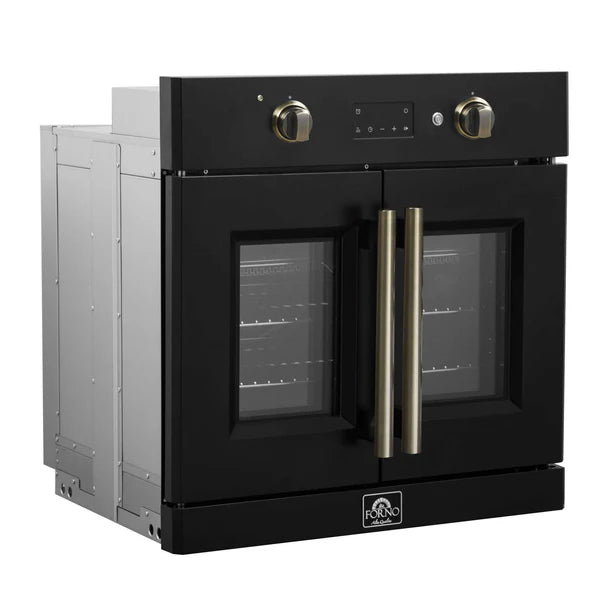 FORNO - Asti 30-Inch French Door Electric Wall Oven in Black &amp; Antique Brass, 3.68 cu. ft. True Convection, 3,600W, Air Fry, Sous Vide, Self-Clean