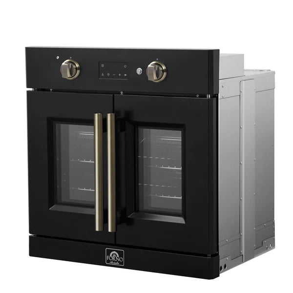 FORNO - Asti 30-Inch French Door Electric Wall Oven in Black &amp; Antique Brass, 3.68 cu. ft. True Convection, 3,600W, Air Fry, Sous Vide, Self-Clean
