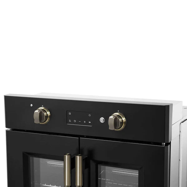 FORNO - Asti 30-Inch French Door Electric Wall Oven in Black &amp; Antique Brass, 3.68 cu. ft. True Convection, 3,600W, Air Fry, Sous Vide, Self-Clean