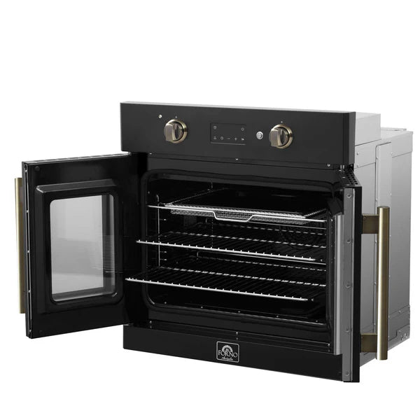 FORNO - Asti 30-Inch French Door Electric Wall Oven in Black &amp; Antique Brass, 3.68 cu. ft. True Convection, 3,600W, Air Fry, Sous Vide, Self-Clean
