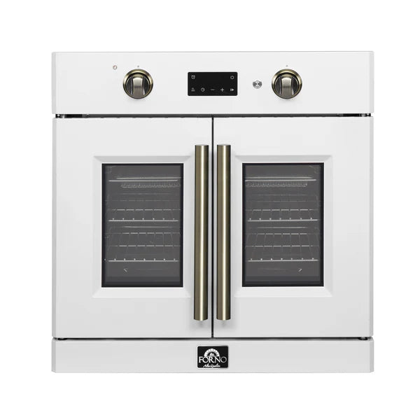 FORNO - Asti 30-Inch French Door Electric Wall Oven in White &amp; Antique Brass, 3.68 cu. ft. True Convection, 3,600W, Air Fry, Sous Vide, Self-Clean