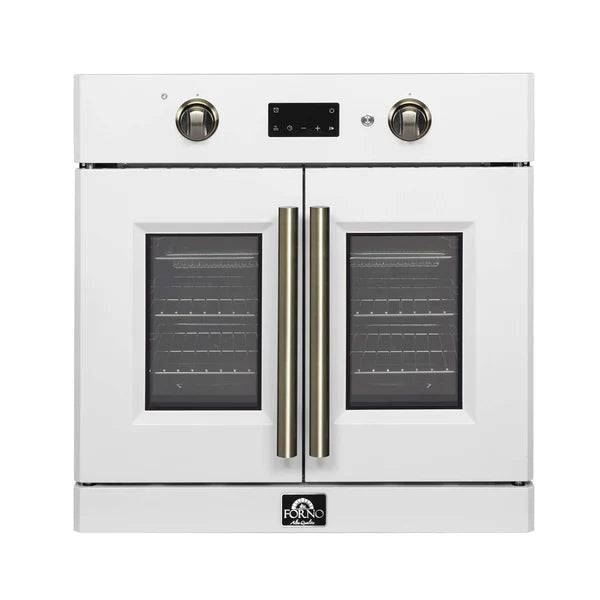 FORNO - Asti 30-Inch French Door Electric Wall Oven in White &amp; Antique Brass, 3.68 cu. ft. True Convection, 3,600W, Air Fry, Sous Vide, Self-Clean