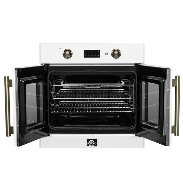 FORNO - Asti 30-Inch French Door Electric Wall Oven in White &amp; Antique Brass, 3.68 cu. ft. True Convection, 3,600W, Air Fry, Sous Vide, Self-Clean
