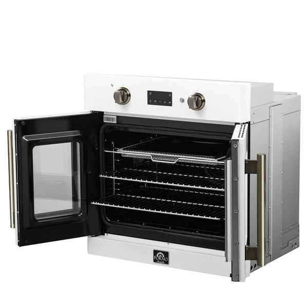FORNO - Asti 30-Inch French Door Electric Wall Oven in White &amp; Antique Brass, 3.68 cu. ft. True Convection, 3,600W, Air Fry, Sous Vide, Self-Clean