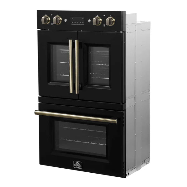 FORNO - Asti 30-Inch Double Electric Wall Oven with Upper French Doors in Black &amp; Antique Brass, 7.36 cu. ft. Dual True Convection, 7,200W, Air Fry, Sous Vide, Self-Clean
