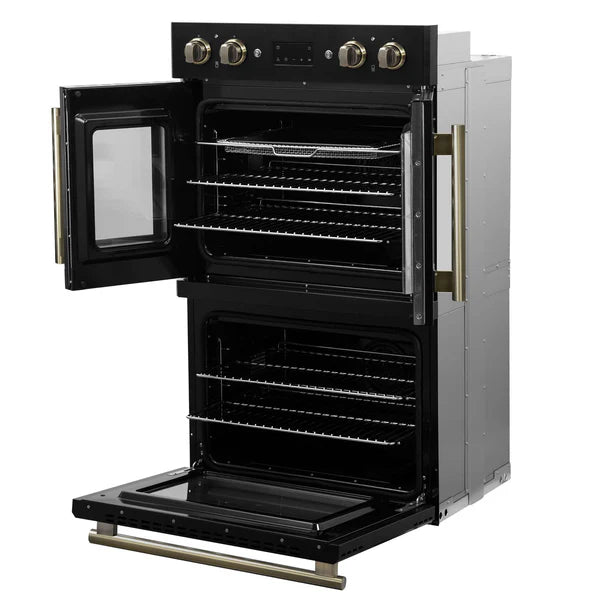 FORNO - Asti 30-Inch Double Electric Wall Oven with Upper French Doors in Black &amp; Antique Brass, 7.36 cu. ft. Dual True Convection, 7,200W, Air Fry, Sous Vide, Self-Clean