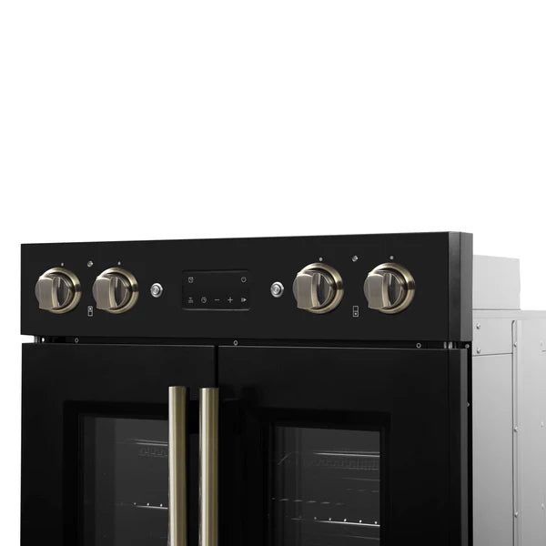 FORNO - Asti 30-Inch Double Electric Wall Oven with Upper French Doors in Black &amp; Antique Brass, 7.36 cu. ft. Dual True Convection, 7,200W, Air Fry, Sous Vide, Self-Clean