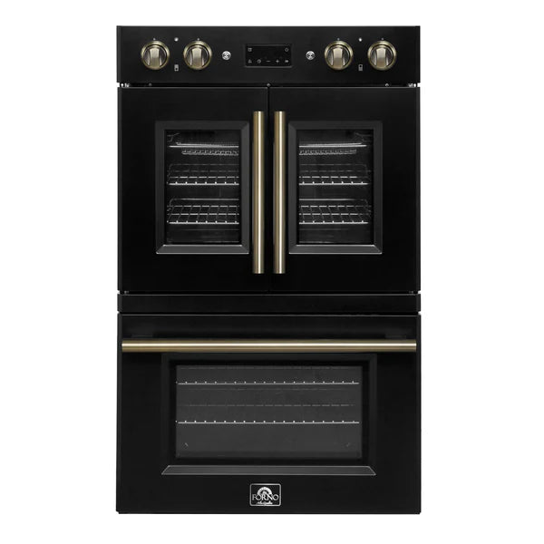 FORNO - Asti 30-Inch Double Electric Wall Oven with Upper French Doors in Black &amp; Antique Brass, 7.36 cu. ft. Dual True Convection, 7,200W, Air Fry, Sous Vide, Self-Clean