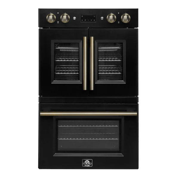 FORNO - Asti 30-Inch Double Electric Wall Oven with Upper French Doors in Black &amp; Antique Brass, 7.36 cu. ft. Dual True Convection, 7,200W, Air Fry, Sous Vide, Self-Clean