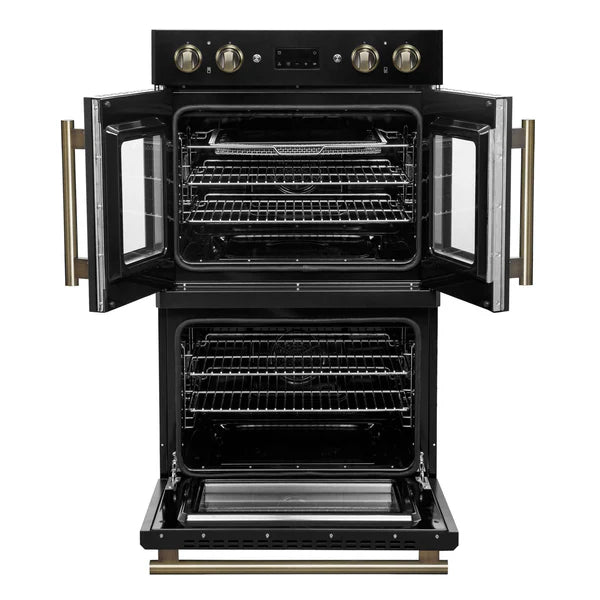 FORNO - Asti 30-Inch Double Electric Wall Oven with Upper French Doors in Black &amp; Antique Brass, 7.36 cu. ft. Dual True Convection, 7,200W, Air Fry, Sous Vide, Self-Clean