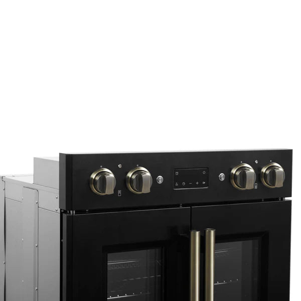 FORNO - Asti 30-Inch Double Electric Wall Oven with Upper French Doors in Black &amp; Antique Brass, 7.36 cu. ft. Dual True Convection, 7,200W, Air Fry, Sous Vide, Self-Clean