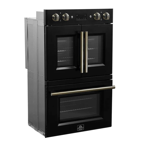 FORNO - Asti 30-Inch Double Electric Wall Oven with Upper French Doors in Black &amp; Antique Brass, 7.36 cu. ft. Dual True Convection, 7,200W, Air Fry, Sous Vide, Self-Clean