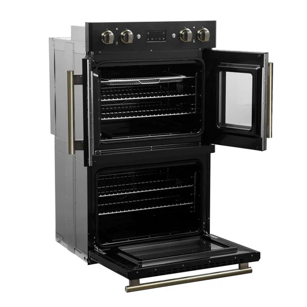 FORNO - Asti 30-Inch Double Electric Wall Oven with Upper French Doors in Black &amp; Antique Brass, 7.36 cu. ft. Dual True Convection, 7,200W, Air Fry, Sous Vide, Self-Clean