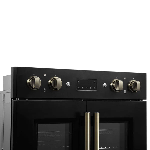 FORNO - Asti 30-Inch Double Electric Wall Oven with Upper French Doors in Black &amp; Antique Brass, 7.36 cu. ft. Dual True Convection, 7,200W, Air Fry, Sous Vide, Self-Clean