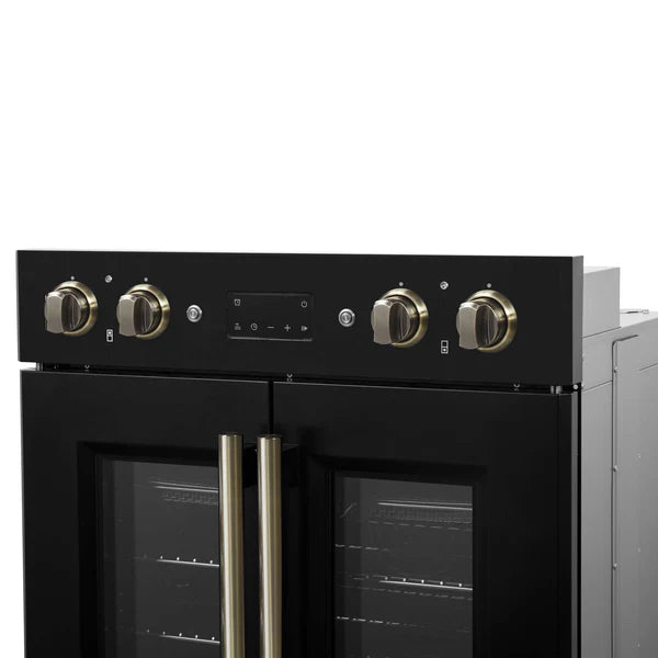 FORNO - Asti 30-Inch Double Electric Wall Oven with Upper French Doors in Black &amp; Antique Brass, 7.36 cu. ft. Dual True Convection, 7,200W, Air Fry, Sous Vide, Self-Clean