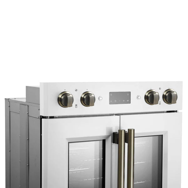FORNO - Asti 30-Inch Double Electric Wall Oven with Upper French Doors in White &amp; Antique Brass, 7.36 cu. ft. Dual True Convection, 7,200W, Air Fry, Sous Vide, Self-Clean